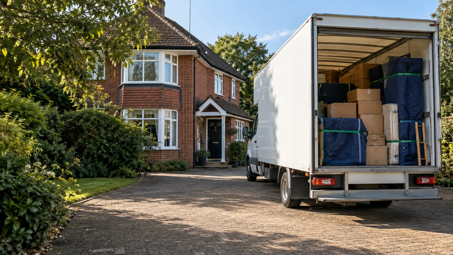 AI-generated illustration of a removal van outside a British home; not a DNE job photograph